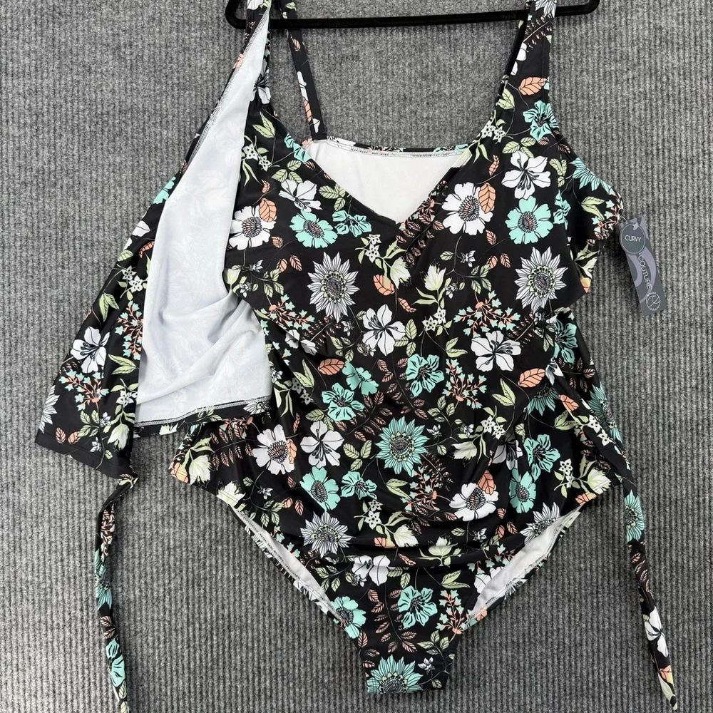 NWT Plus Size Floral Wrap‎ One Piece Swimsuit Ruffle Tummy Control 3X